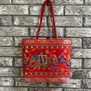 Ethnic purse tote handbag, embroidered, multicolored, elephants